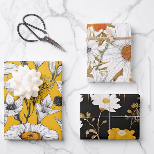 Moderne Mod Boho Daisy Wildflower Floral Inpakpapier Vel (Voorkant)