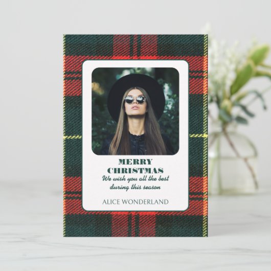 Moderne mode tartan kerstfoto feestdagenkaart (Staand voorkant)