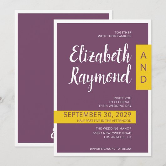 Moderne moderne paarse minimale bruiloft kaart (Voorkant / Achterkant)