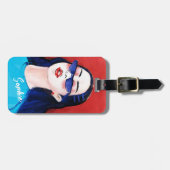 Moderne Modieuze Rood Blauw Stad Meisje Verf Bagagelabel (Voorkant horizontaal)