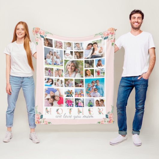 Moderne MOEDER Fotocollage Blush Roze Bloemen Fleece Deken (In situ)