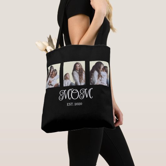 Moderne Moeder Vastgestelde Script Zwart 3 Foto Tote Bag (Dichtbij)