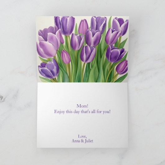 Moderne Moederdag foto Stijlvolle Paarse tulp Kaart (Binnen)