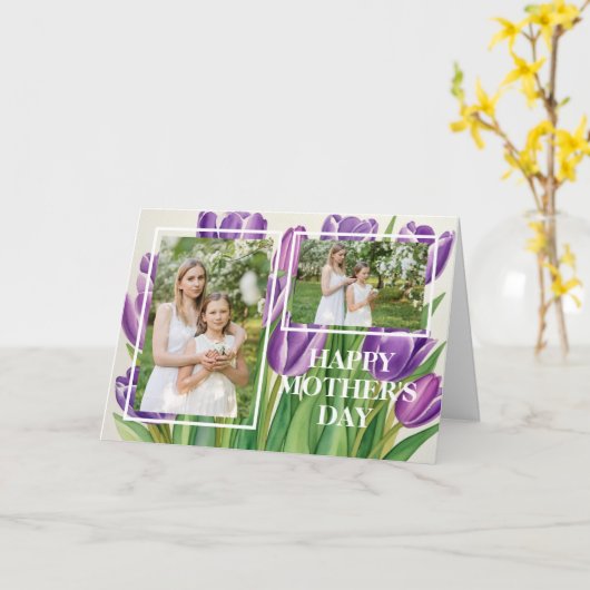 Moderne Moederdag foto Stijlvolle Paarse tulp Kaart (Gele Bloem)