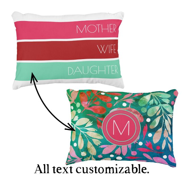 Moderne Moederdag Trendy Typografie Accent Kussen (Customizable Mother's Day pillow in pink, red, and mint. Personalize with initial and text.)
