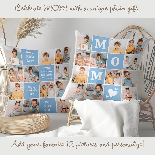 Moderne MOM Gepersonaliseerde 12 Foto Collage Blau Kussen (Creator heeft geüpload)