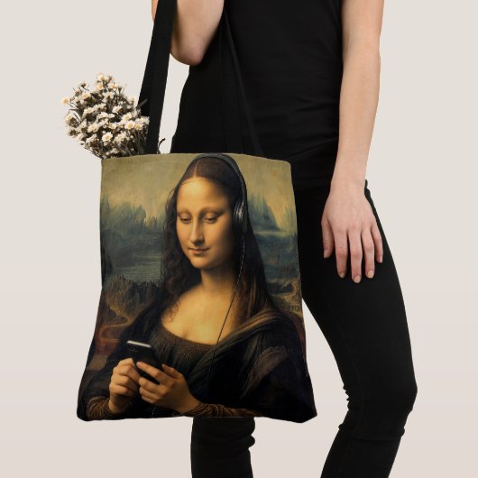 Moderne Mona Lisa met Smartphone Tote Bag (Dichtbij)
