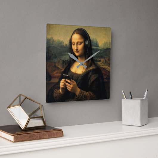 Moderne Mona Lisa met Smartphone Vierkante Klok (Kantoor)