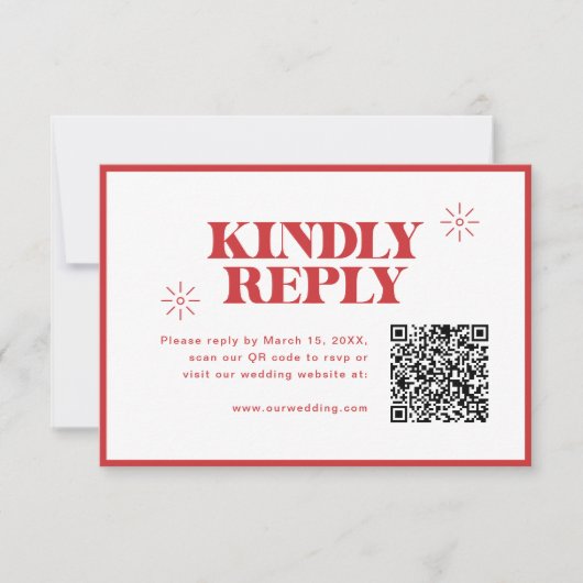 Moderne monochrome rode bruiloft met QR-code RSVP Kaartje (Voorkant)