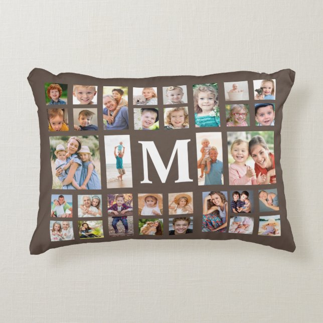 Moderne Monogram 32 Familie Fotocollage Bruin Accent Kussen (Voorkant)