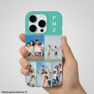 Moderne Monogram 5 Foto Collage Aqua Blauw Teal iPhone 16 Pro Hoesje