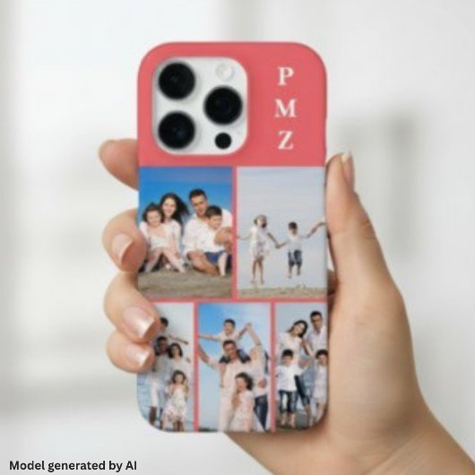 Moderne Monogram 5 Foto Collage Koraal Roze iPhone Hoesje