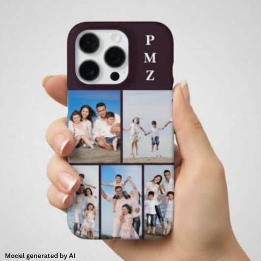 Moderne Monogram 5 Foto Collage Pruim Paars iPhone Hoesje