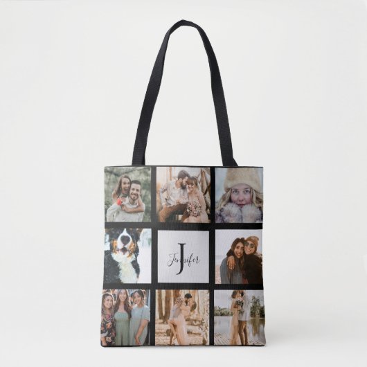 Moderne Monogram 8 Fotocollage Aangepaste naam Tote Bag (Voorkant)