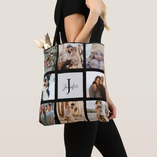 Moderne Monogram 8 Fotocollage Aangepaste naam Tote Bag (Dichtbij)