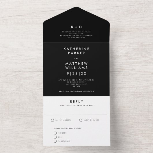 Moderne Monogram Aangepaste Kleur Zwart Trouwen All In One Uitnodiging (Binnen)