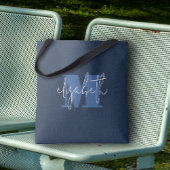 Moderne Monogram Aangepaste naam Marine Blauw Tote Bag