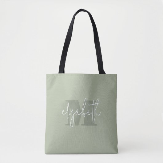Moderne Monogram Aangepaste Naam Sage Groen Tote Bag (Voorkant)