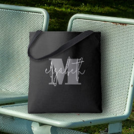 Moderne Monogram Aangepaste Naam Zwart Tote Bag