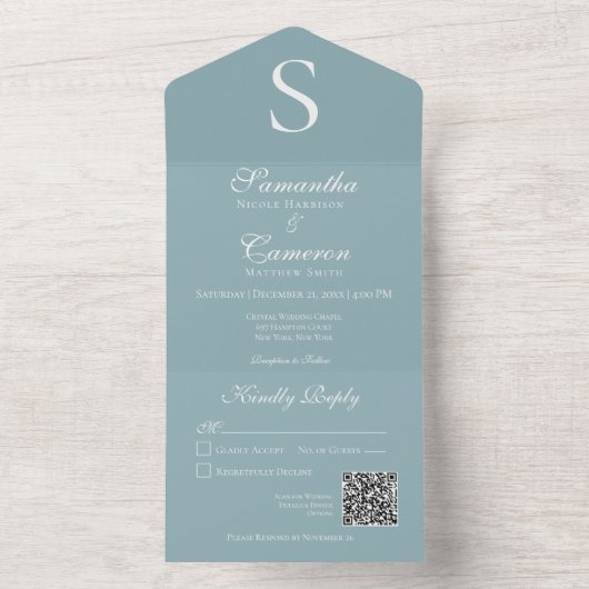 Moderne monogram Aqua Blue QR-code All In One Uitnodiging (Binnen)