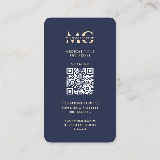 Moderne Monogram Arts Medisch Blauw Goud Caduceus Visitekaartje (Achterkant)