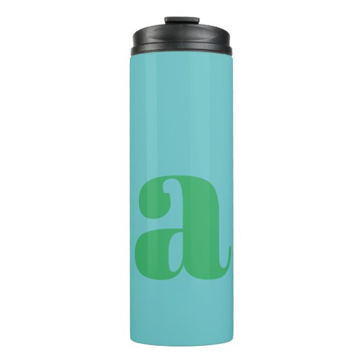 Moderne monogram beginletter in blauw en groen thermosbeker (Voorkant)