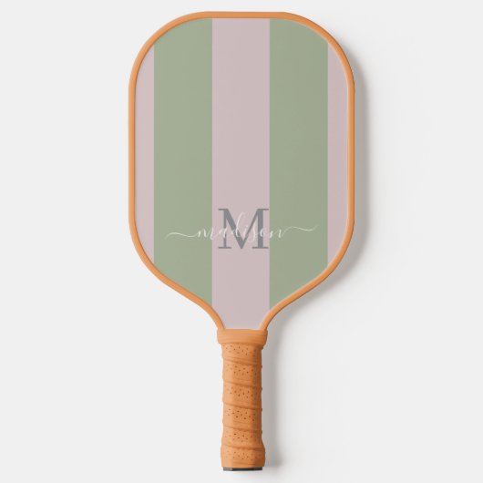 Moderne Monogram Beige Roze | Saliegroen Streep Pickleball Paddle (Voorkant)