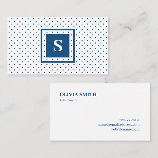 Moderne monogram blauw op wit poka dot patroon visitekaartje (Voorkant / Achterkant)