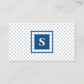 Moderne monogram blauw op wit poka dot patroon visitekaartje (Voorkant)