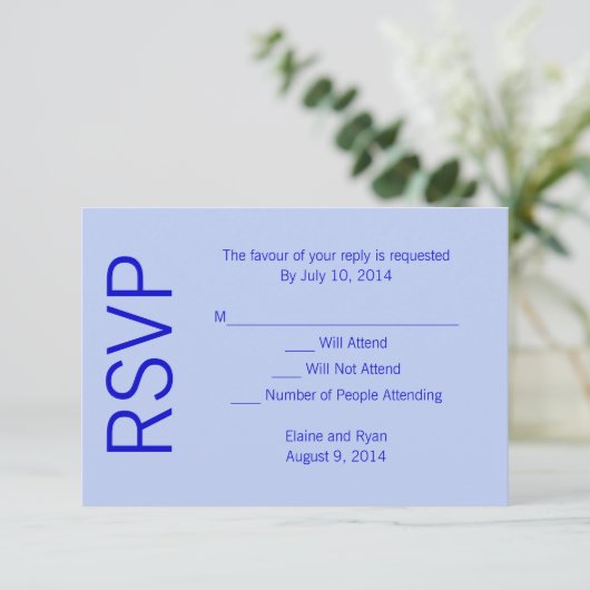 Moderne monogram - blauw RSVP kaartje (Staand voorkant)