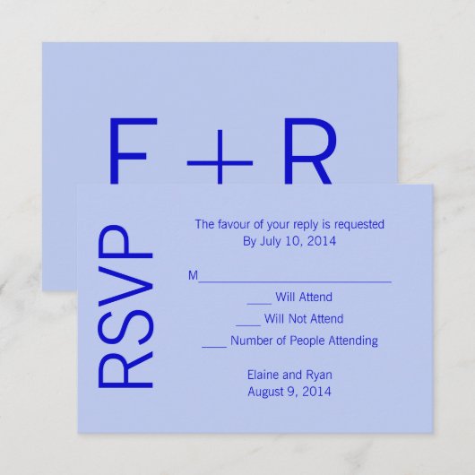 Moderne monogram - blauw RSVP kaartje (Voorkant / Achterkant)