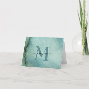 Moderne Monogram Blauwe Groene Waterverf Bedankkaart