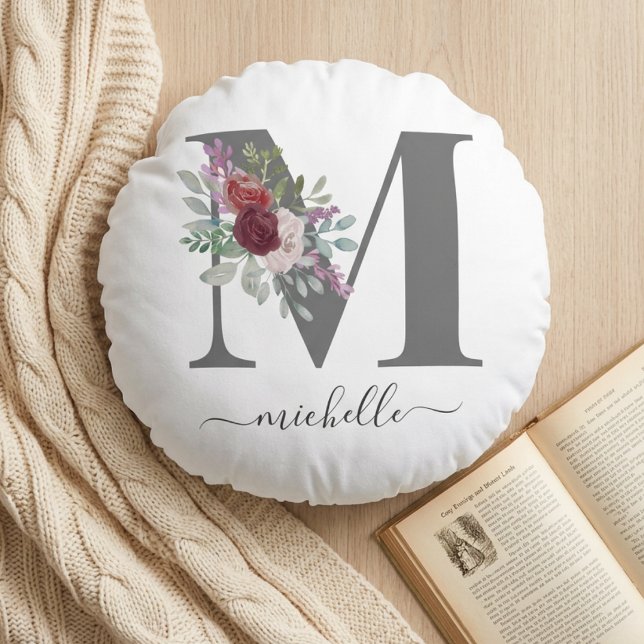 Moderne Monogram Bloemige Initiële Naam Rond Kussen (Creator heeft geüpload)