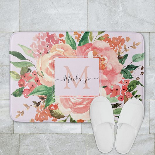 Moderne Monogram Blush Roze Lente Bloem Bloemen Badmat