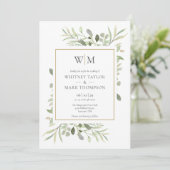 Moderne Monogram Botanische Groene Foto Bruiloft Kaart (Staand voorkant)