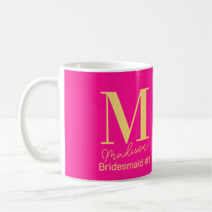 Moderne Monogram Bruidsmeisje Nummer 1 Heet Roze Koffiemok