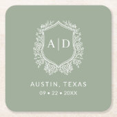Moderne Monogram Bruiloft Wijze Groene kuif Kartonnen Onderzetters (Voorkant)