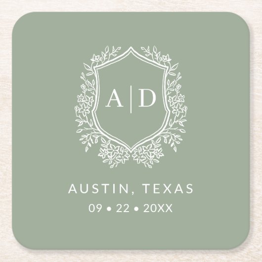 Moderne Monogram Bruiloft Wijze Groene kuif Kartonnen Onderzetters (Voorkant)