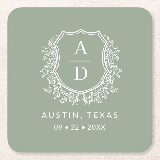 Moderne Monogram Bruiloft Wijze Groene kuif Kartonnen Onderzetters (Voorkant)