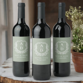 Moderne Monogram Bruiloft Wijze Groene kuif Wijn Etiket