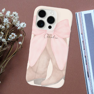 Moderne Monogram Chic Cowboy Laarzen Roze Bow iPhone 16 Pro Hoesje