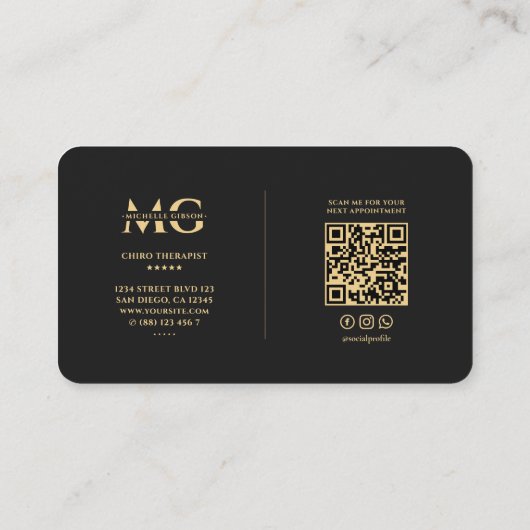 Moderne Monogram Chiropractie Therapeut Zwart Goud Visitekaartje (Achterkant)