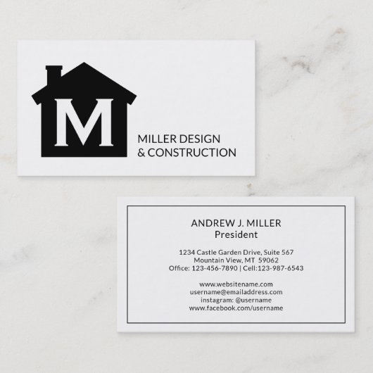 Moderne monogram contractant onroerend goed visitekaartje (Voorkant / Achterkant)