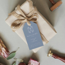 Moderne Monogram Crest Stoffig Blauw Bruiloft Welk Cadeaulabel