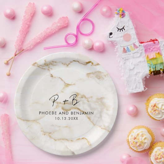 Moderne Monogram Custom Goud Marmer Bruiloft Papieren Bordje (Feest)