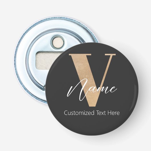 Moderne Monogram Eerste Letter V & Naam Persoonlij Button Flesopener (Voorkant)