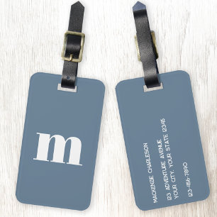 Moderne Monogram Eerste Stof Blauw Grijs Bagagelabel
