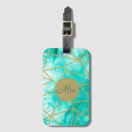 Moderne monogram Elegant Aqua Blue Waterverf Gold Bagagelabel