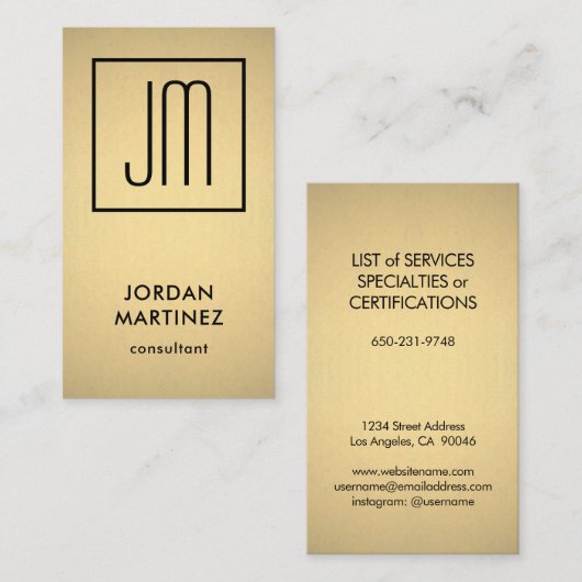 Moderne monogram Elegant Faux Gold Foil & Black Visitekaartje (Voorkant / Achterkant)
