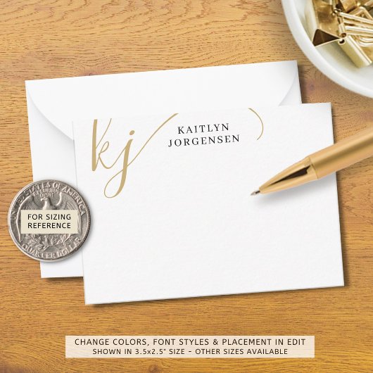 Moderne monogram Elegant Script Initiaal Black Gol Notitiekaartje